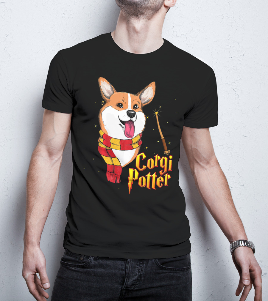Corgi Potter Cute Harry Pawter Dog With Scarf And Wand T-Shirt
