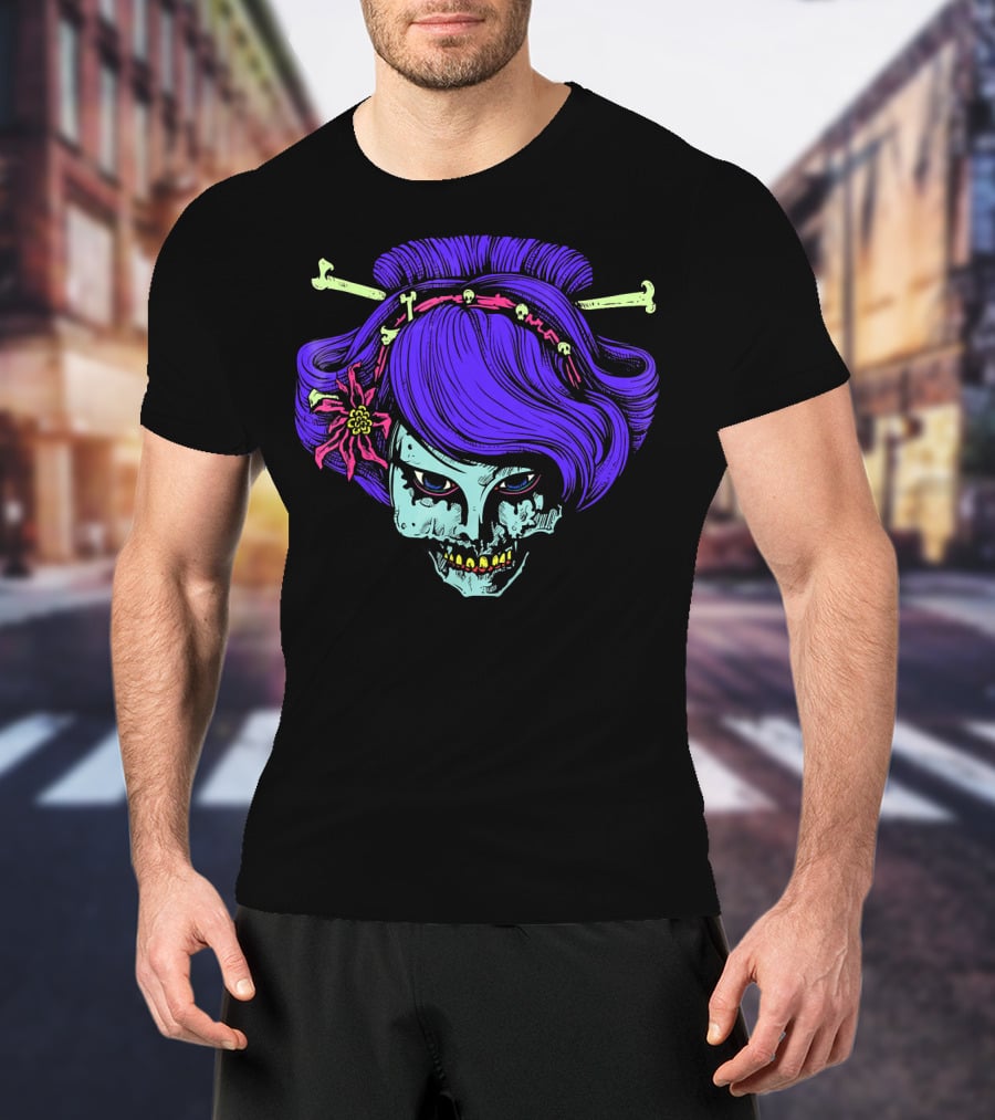 Zombie Geisha Skull With Purple Hair And Bone Hairpins T-Shirt