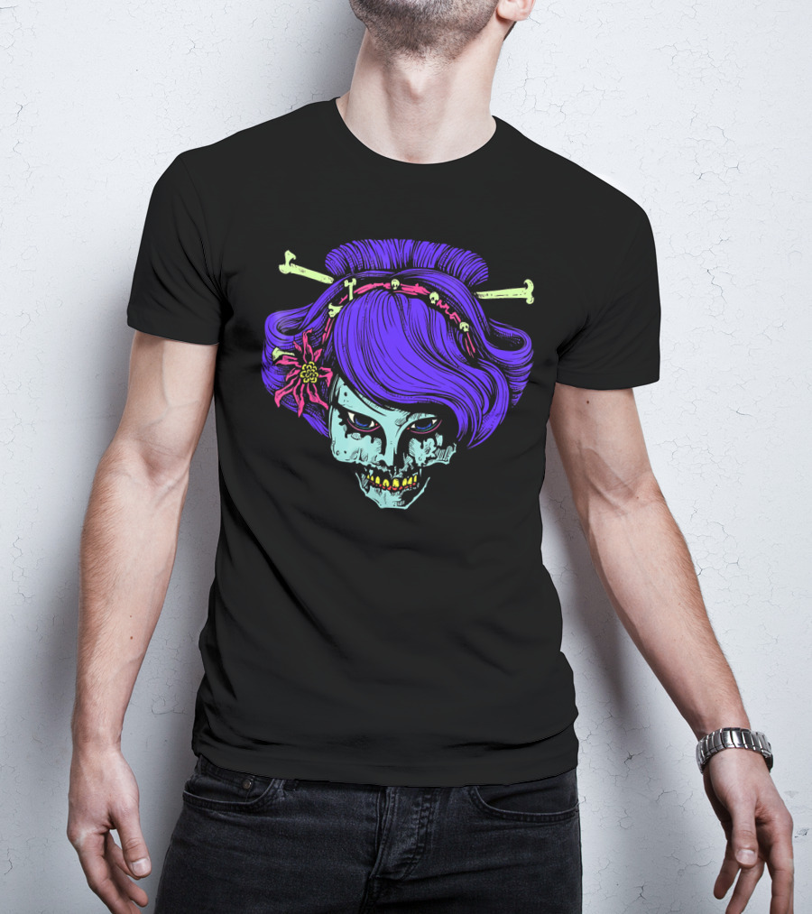 Zombie Geisha Skull With Purple Hair And Bone Hairpins T-Shirt