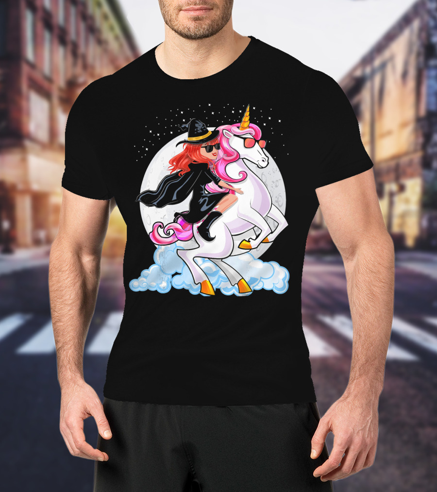 Halloween Witch Riding A Unicorn In Front Of Full Moon T-Shirt