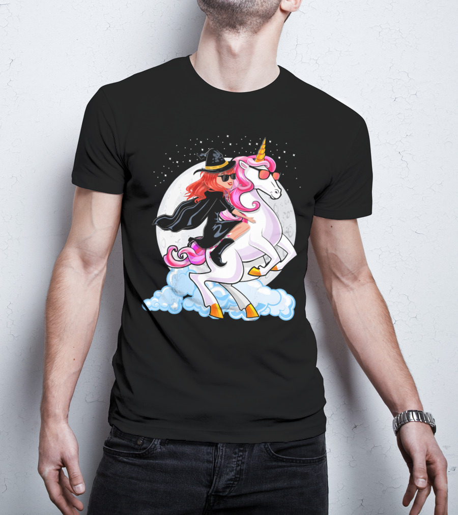 Halloween Witch Riding A Unicorn In Front Of Full Moon T-Shirt