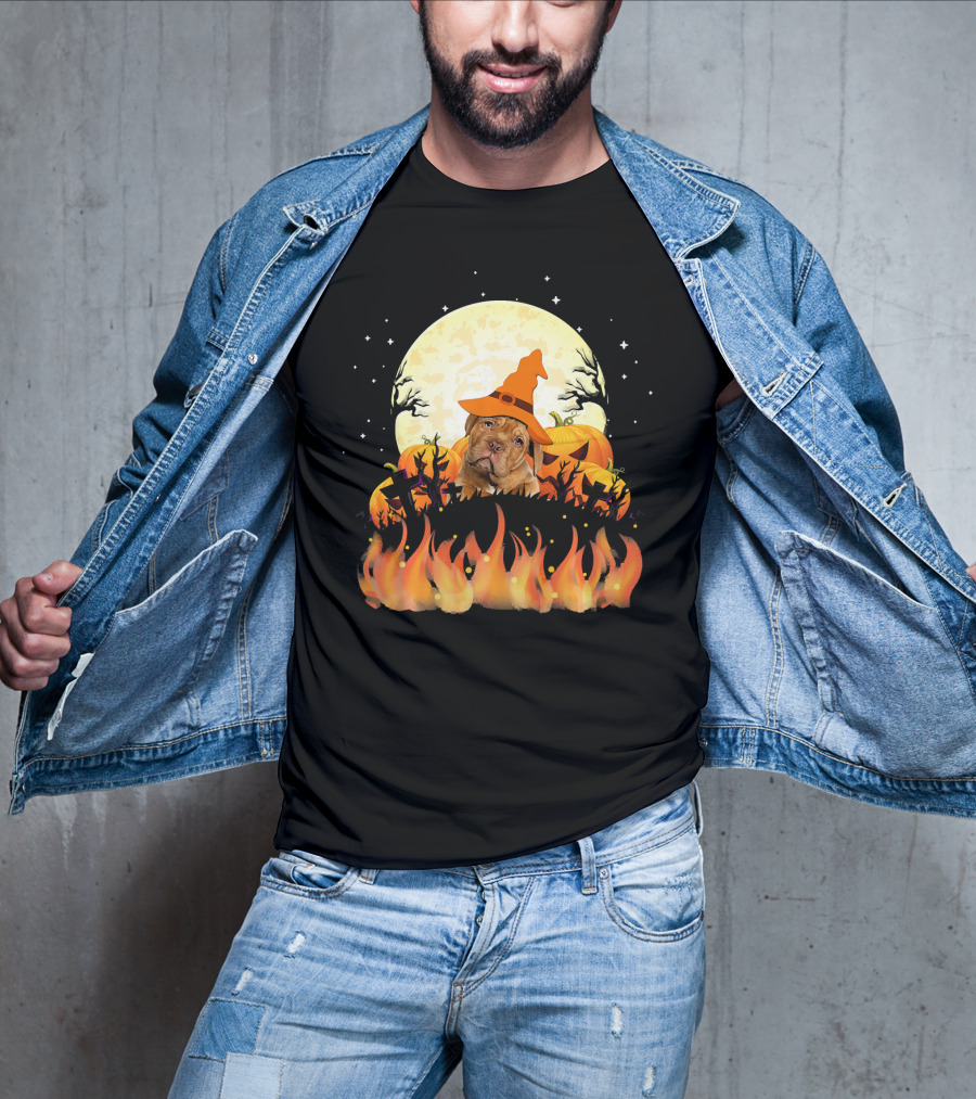 Dogue De Bordeaux Dog Lovers Halloween Full Moon Witch Hat Pumpkin Fire Scene T-Shirt