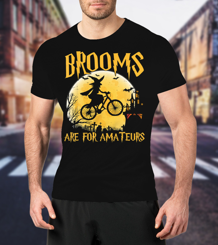 Brooms Are For Amateurs Witch Flying Bike Silhouette Halloween Moon Graveyard T-Shirt