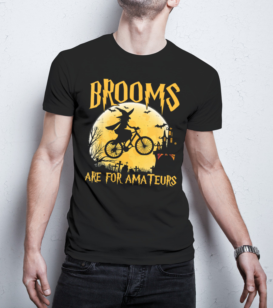Brooms Are For Amateurs Witch Flying Bike Silhouette Halloween Moon Graveyard T-Shirt