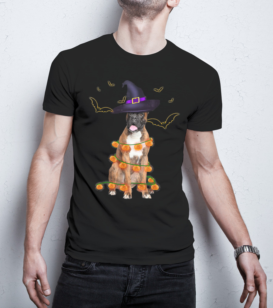 Halloween Boxer Dog Pumpkin Lights Witch Hat Fun T-Shirt