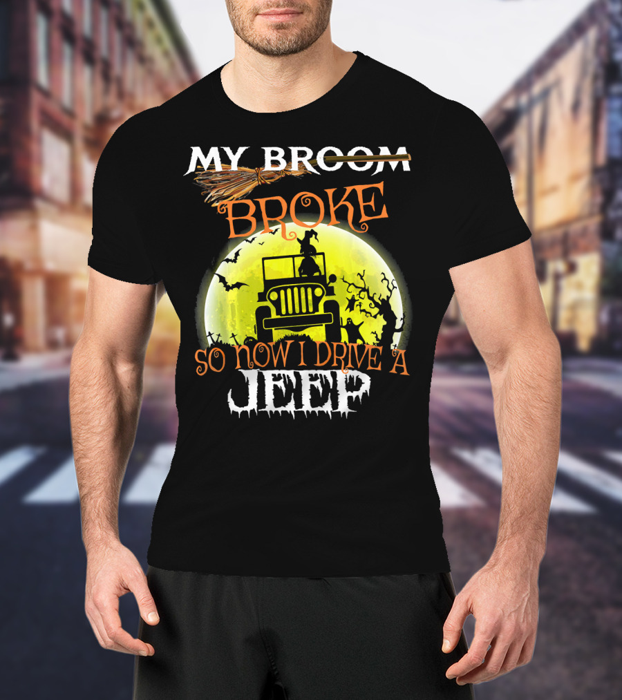 My Broom Broke So Now I Drive A Jeep Halloween Moon Bats T-Shirt