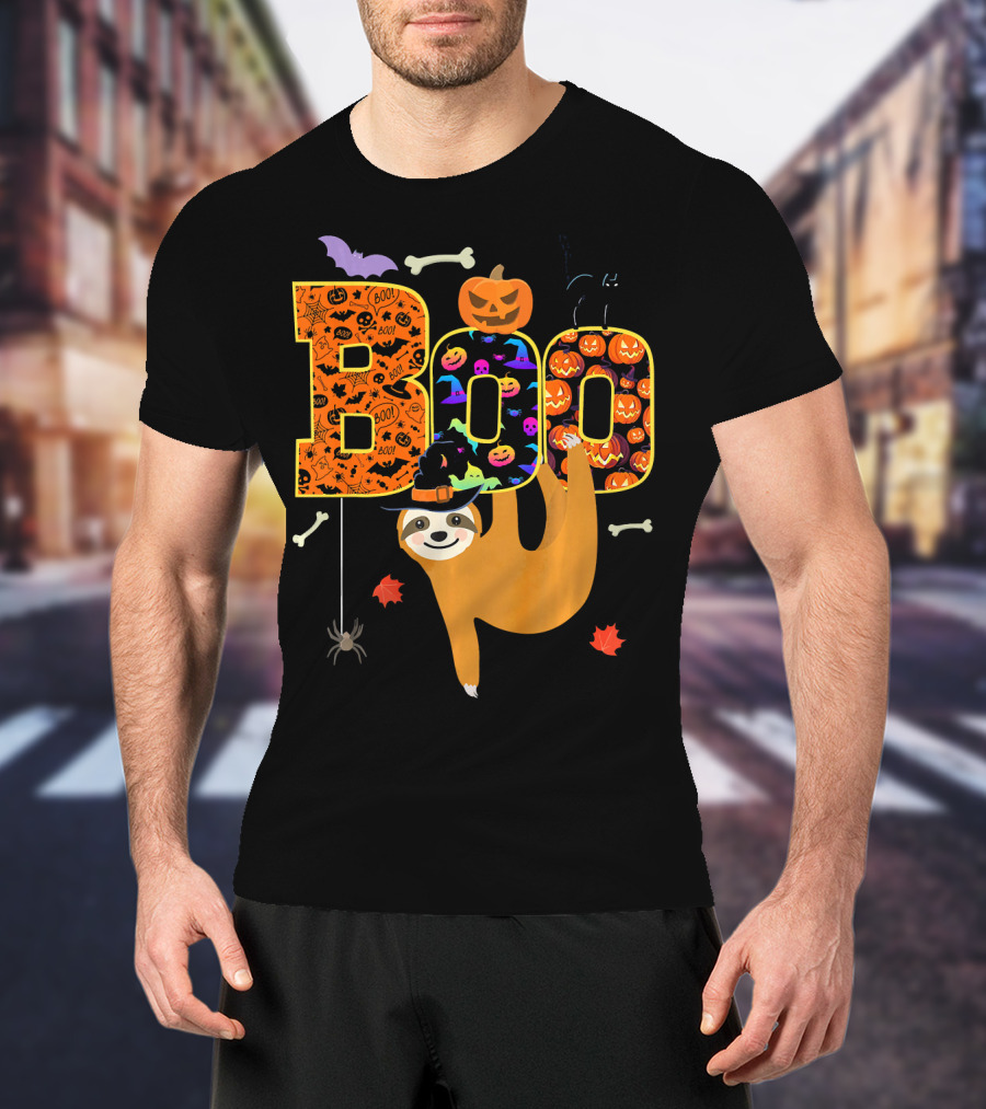 Boo Halloween Sloth With Witch Hat Pumpkins And Spider T-Shirt