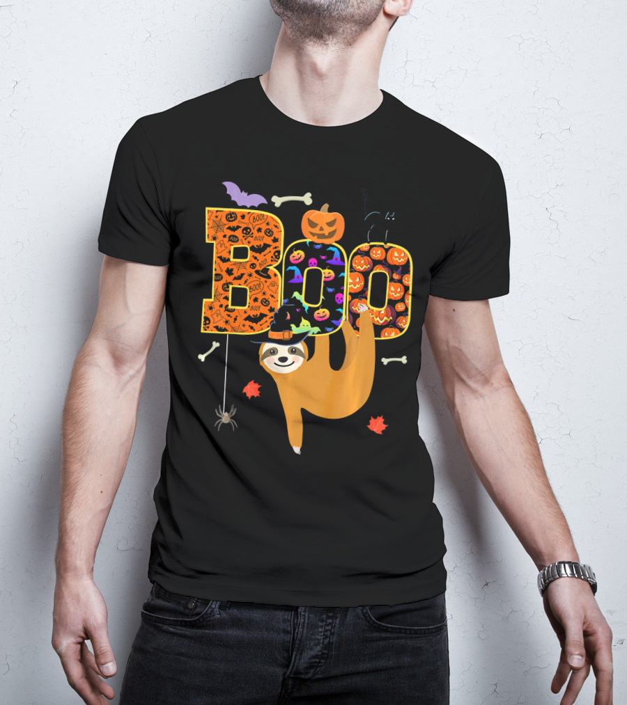 Boo Halloween Sloth With Witch Hat Pumpkins And Spider T-Shirt