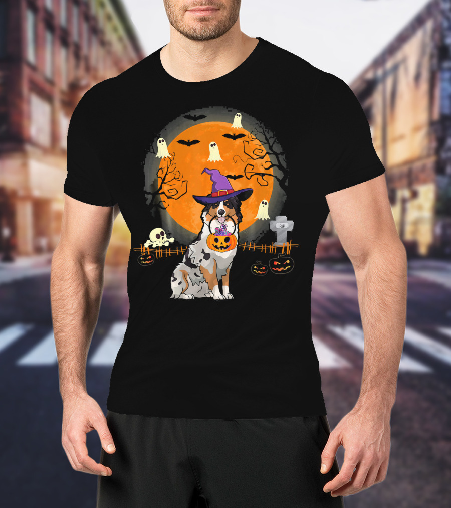Australian Shepherd Dog Halloween Witch Pumpkin And Ghosts T-Shirt