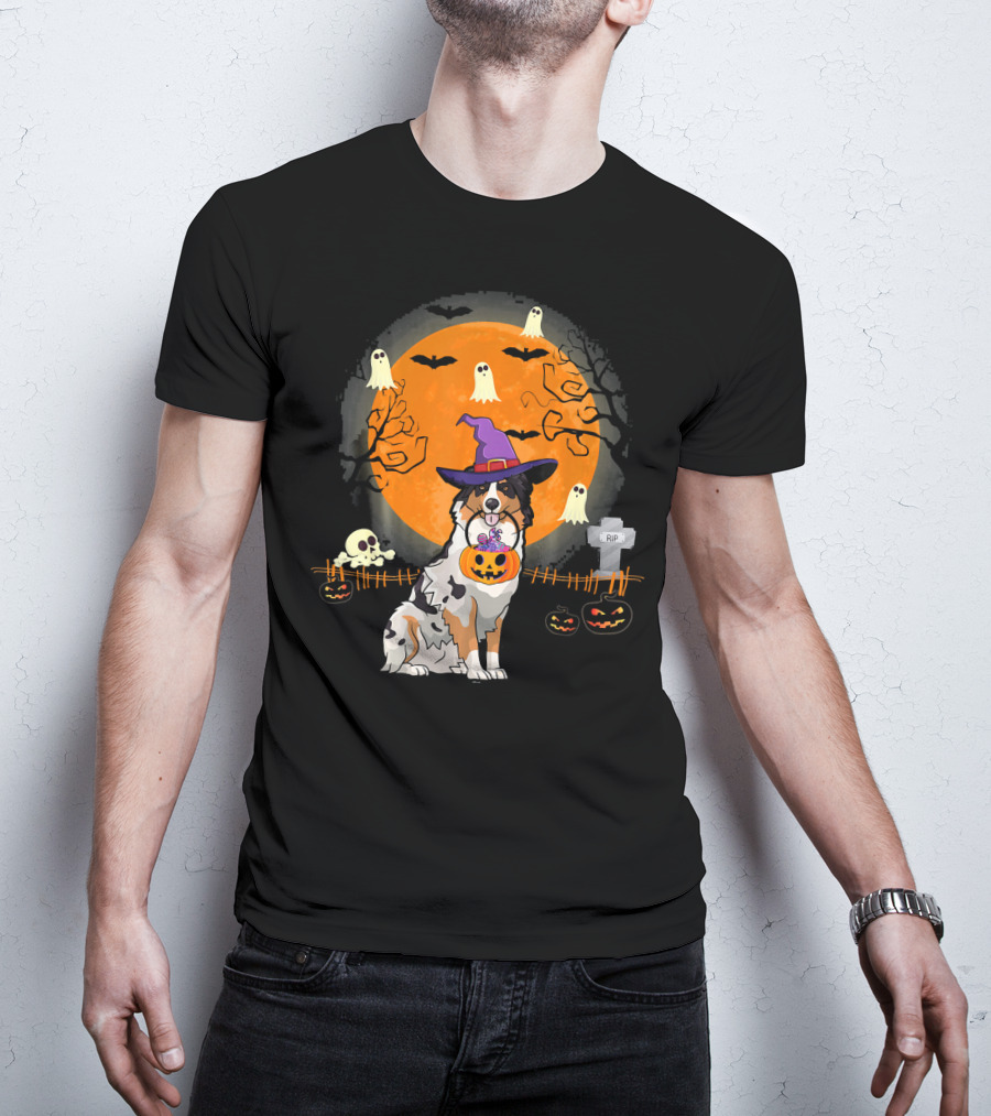 Australian Shepherd Dog Halloween Witch Pumpkin And Ghosts T-Shirt