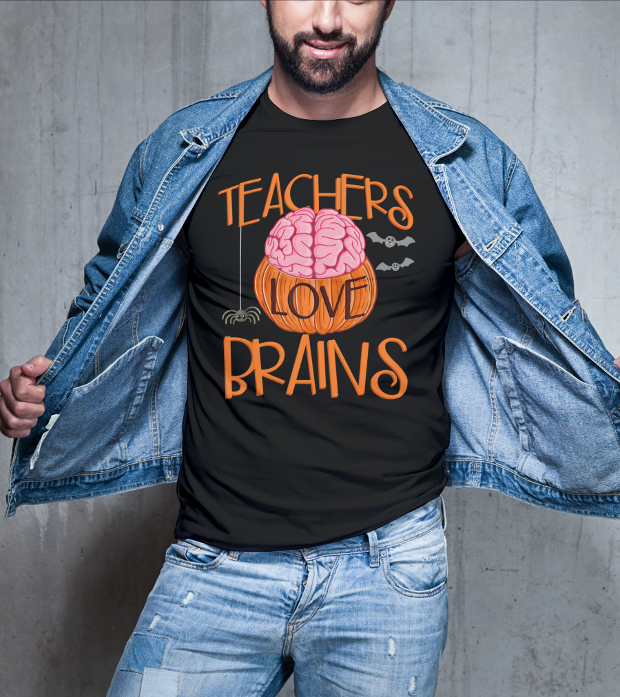 Teachers Love Brains Halloween Pumpkin Bat Spider T-Shirt