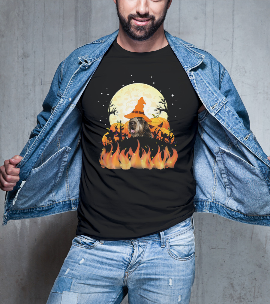 Wirehaired Pointing Griffon Dog Lovers Halloween Witch Hat Pumpkin Fire Moon T-Shirt