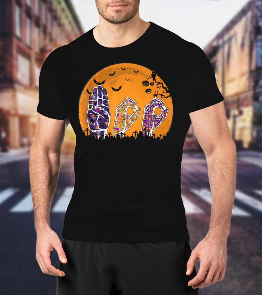Pride ASL Boo Halloween Sign Language Moon Bats Jack-O'-Lanterns T-Shirt