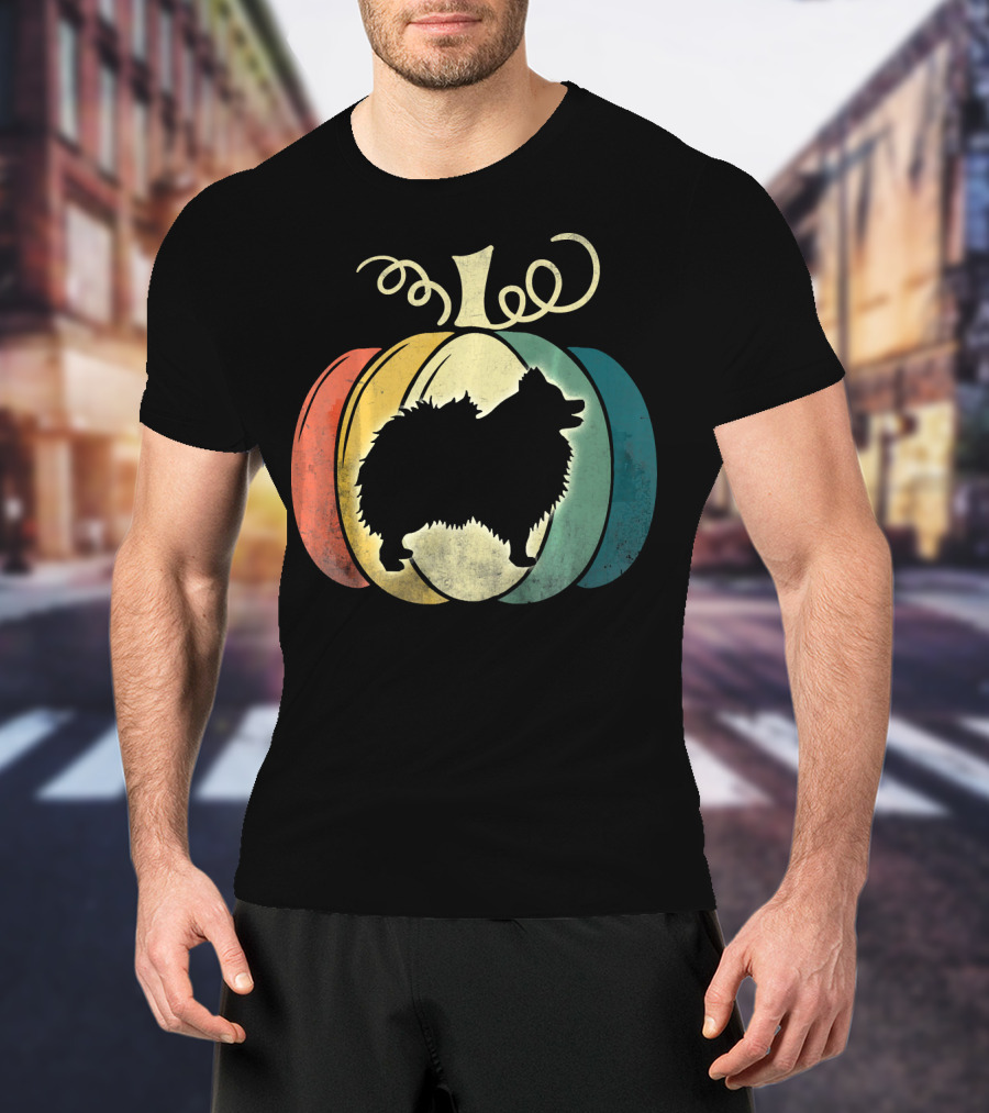 Pomeranian Dog Silhouette Vintage Pumpkin Halloween T-Shirt