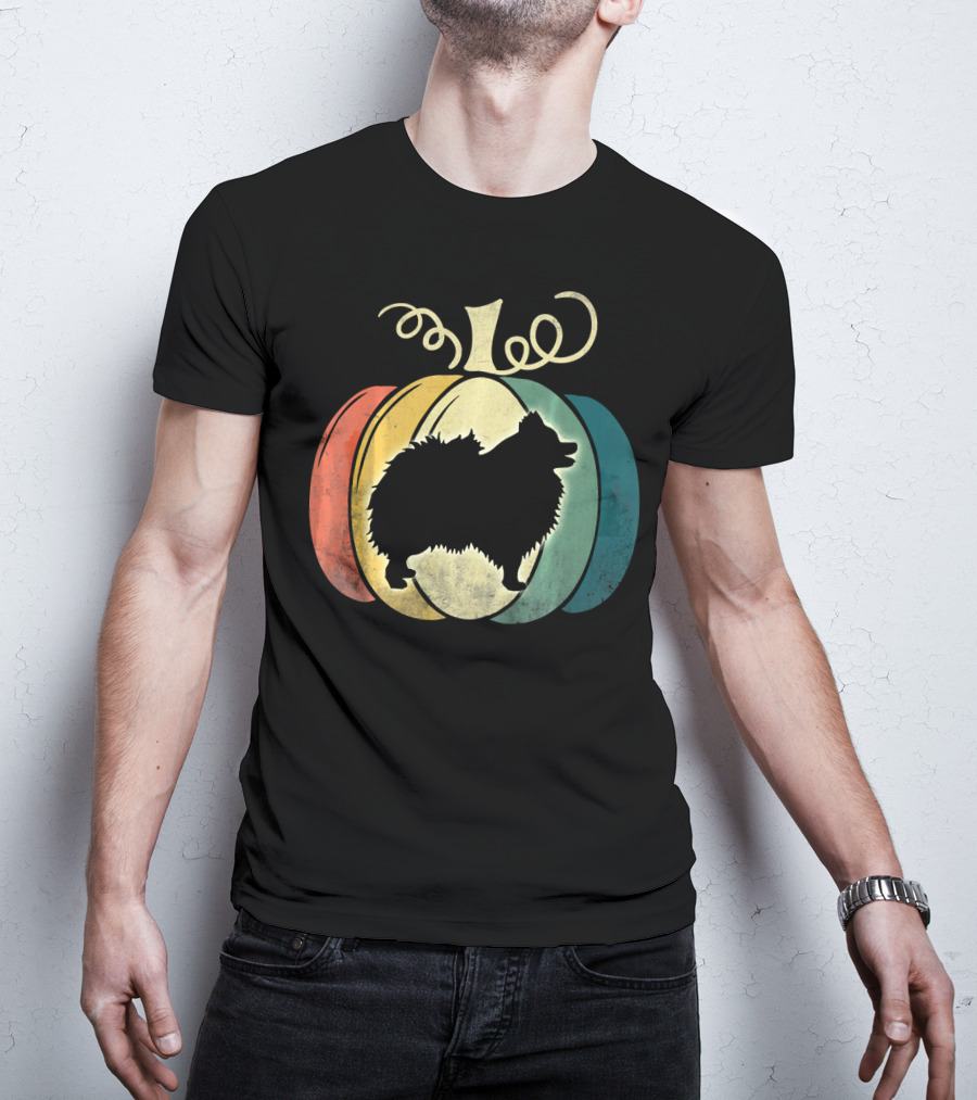 Pomeranian Dog Silhouette Vintage Pumpkin Halloween T-Shirt