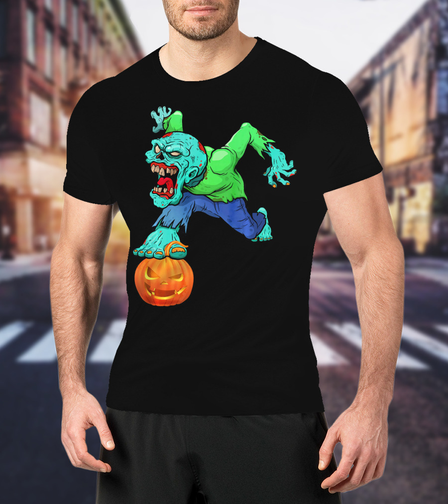 Zombie Leaping Over Grinning Pumpkin T-Shirt