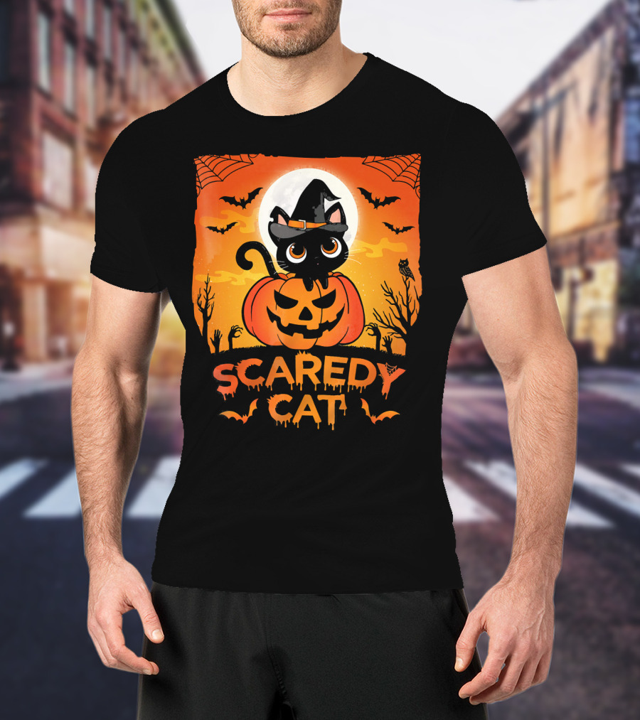 Scaredy Cat Halloween Kitten On Pumpkin With Witch Hat And Bats T-Shirt