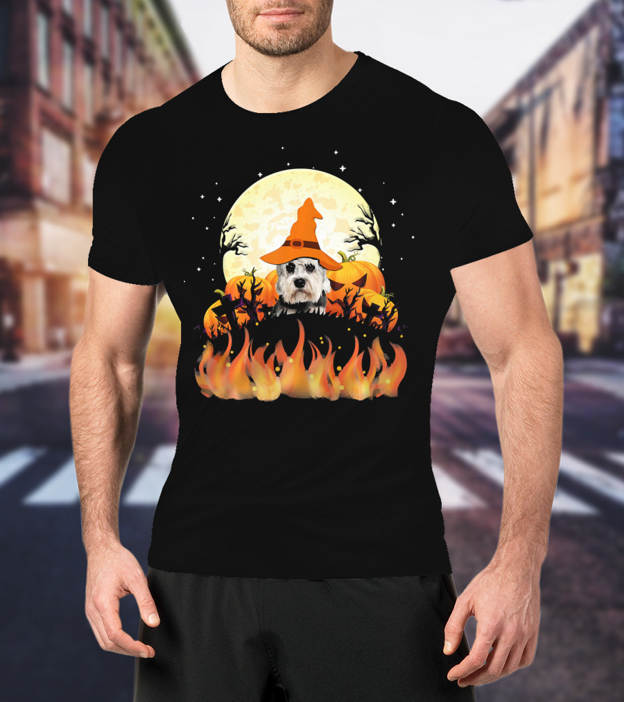 Halloween Dandie Dinmont Terrier Witch Dog Lovers Moon And Pumpkin Scene T-Shirt