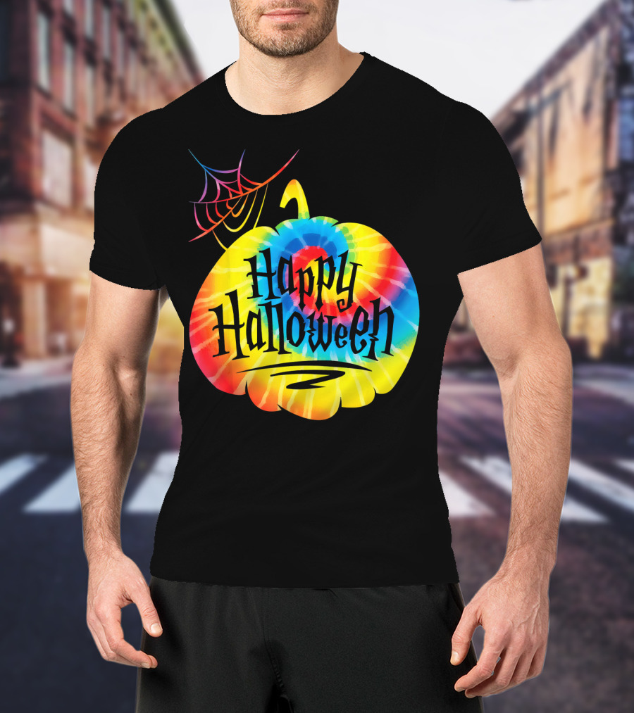 Tie Dye Pumpkin Happy Halloween Spiderweb T-Shirt