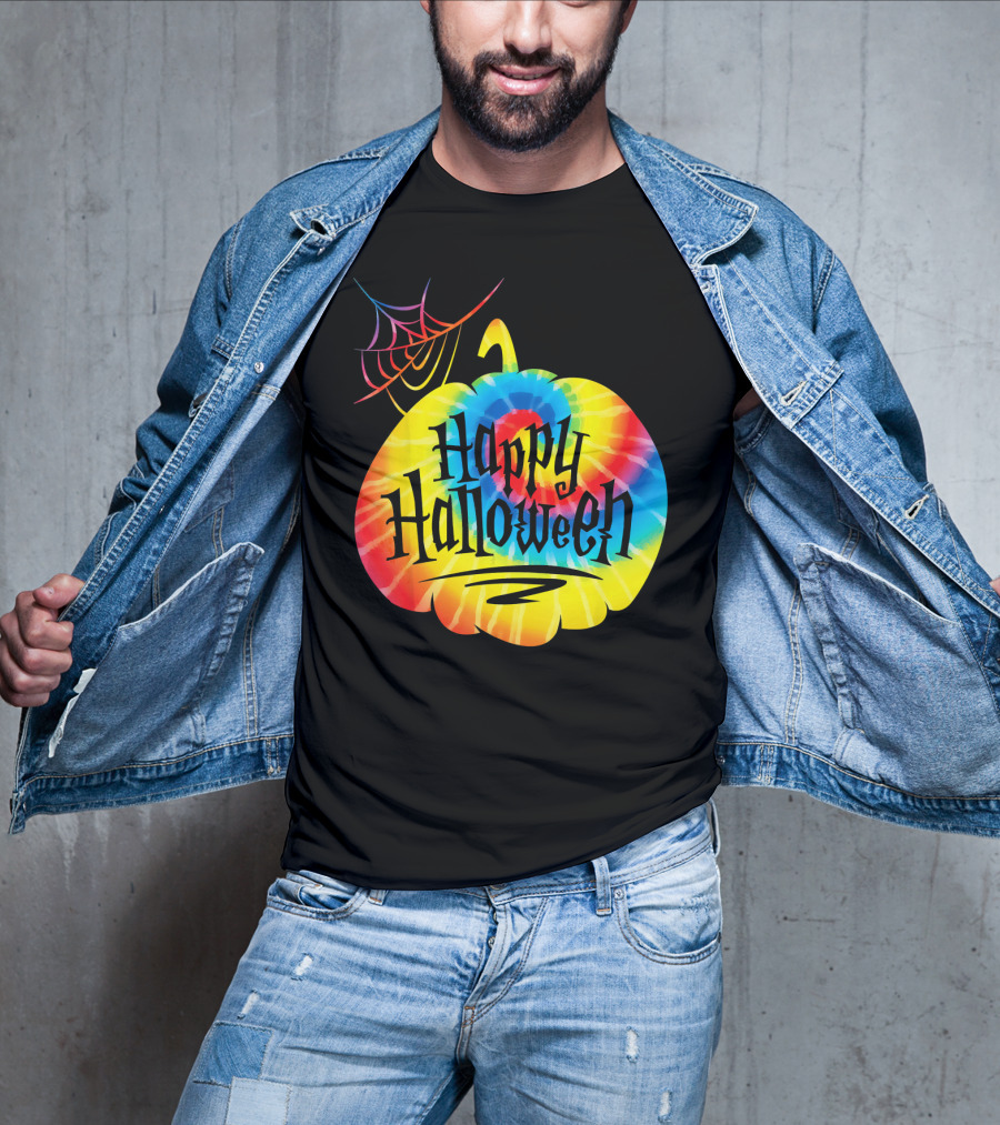 Tie Dye Pumpkin Happy Halloween Spiderweb T-Shirt
