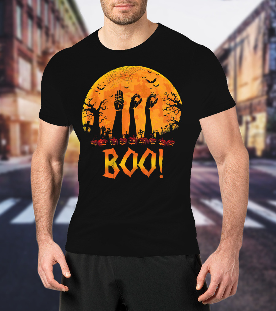 BOO ASL Sign Language With Zombie Hands And Spooky Halloween Moon T-Shirt