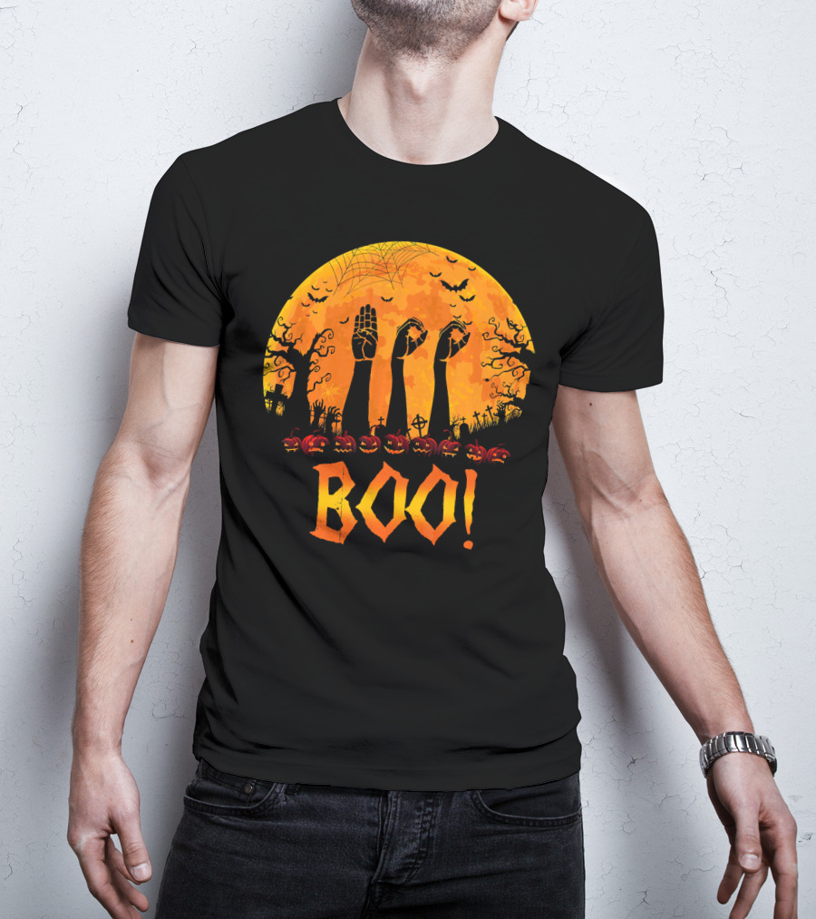 BOO ASL Sign Language With Zombie Hands And Spooky Halloween Moon T-Shirt