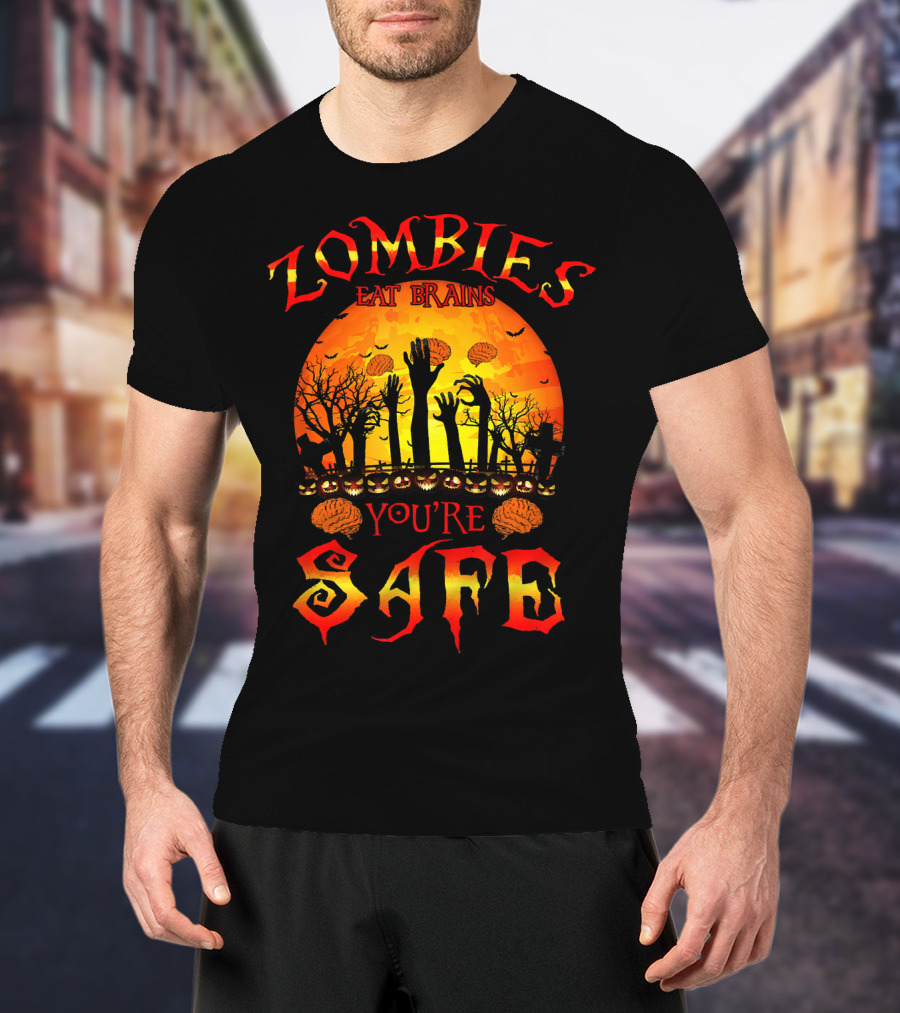 Zombies Eat Brains You're Safe Halloween Rising Hands And Brains Silhouette Sunset T-Shirt