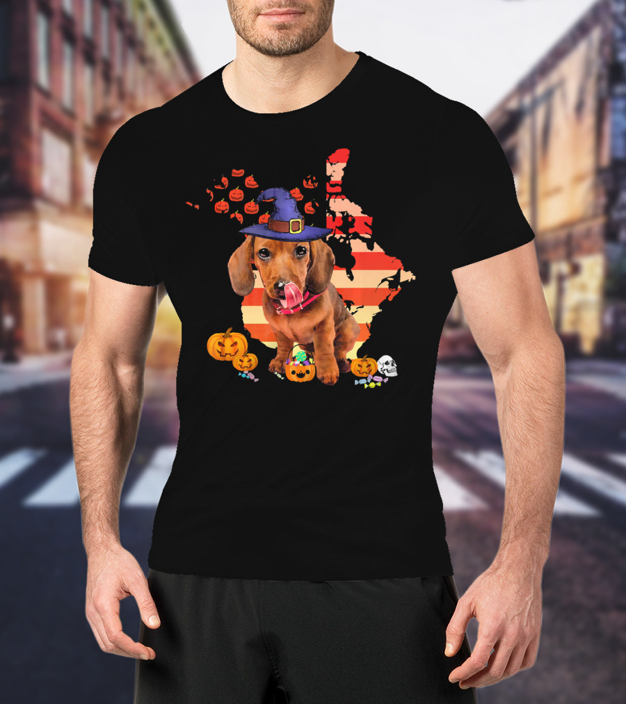 Halloween Witch Hat Daschund Dog With Pumpkin And Candy Canada Map T-Shirt