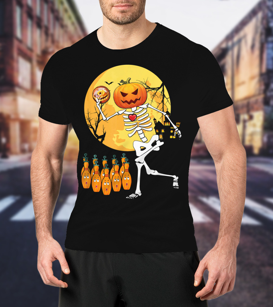Funny Pumpkin-Headed Bowling Skeleton Halloween Dance T-Shirt