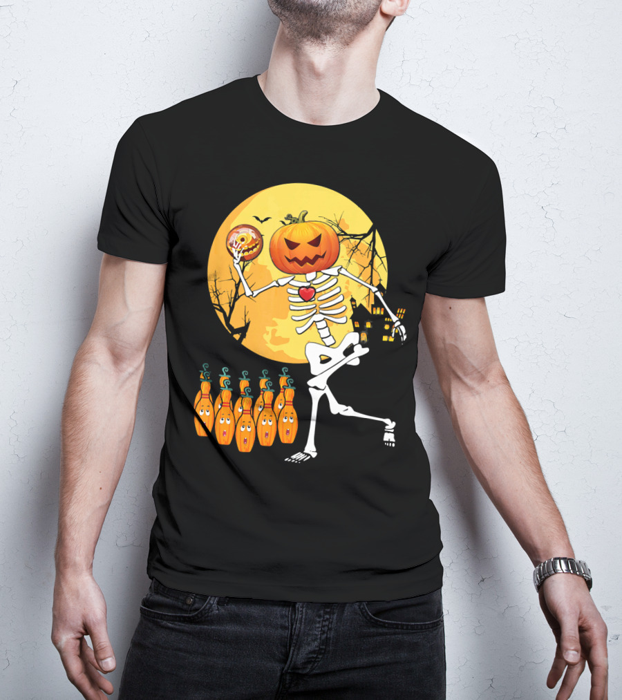 Funny Pumpkin-Headed Bowling Skeleton Halloween Dance T-Shirt