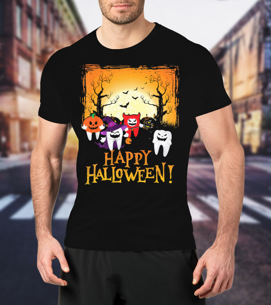 Happy Halloween Funny Teeth And Pumpkins T-Shirt
