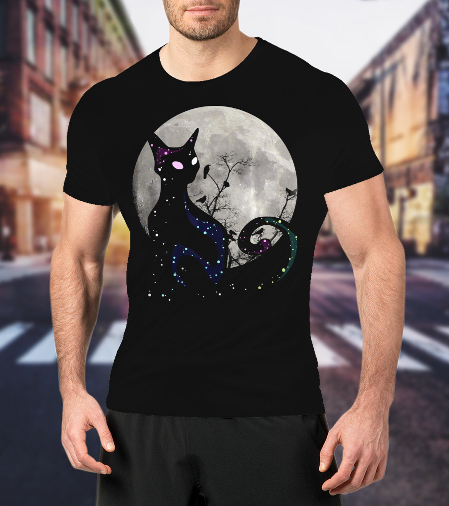 Halloween Cat Scary Black Cat Gothic Full Moon Night Sky T-Shirt