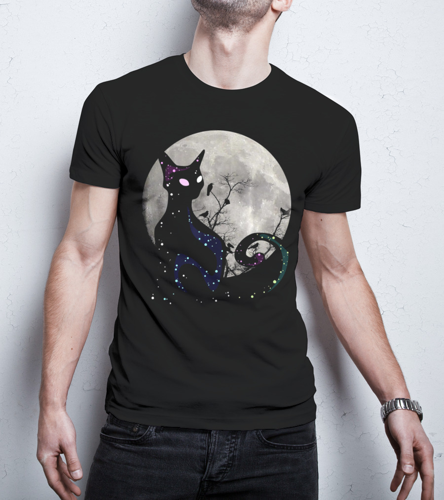 Halloween Cat Scary Black Cat Gothic Full Moon Night Sky T-Shirt