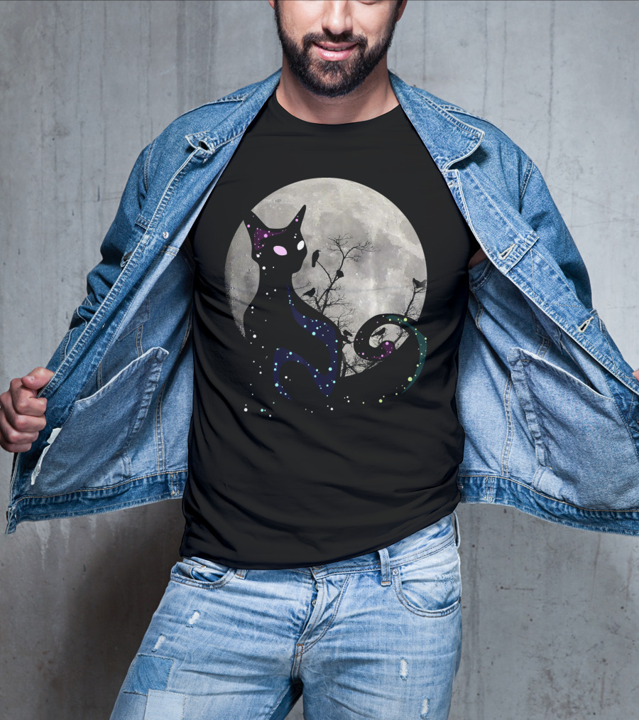 Halloween Cat Scary Black Cat Gothic Full Moon Night Sky T-Shirt