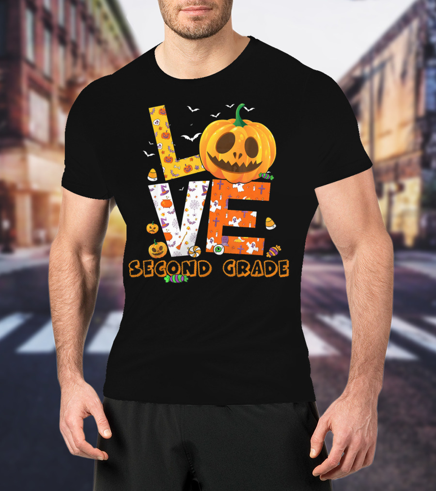 Love Second Grade Funny Halloween Pumpkin Kids T-Shirt