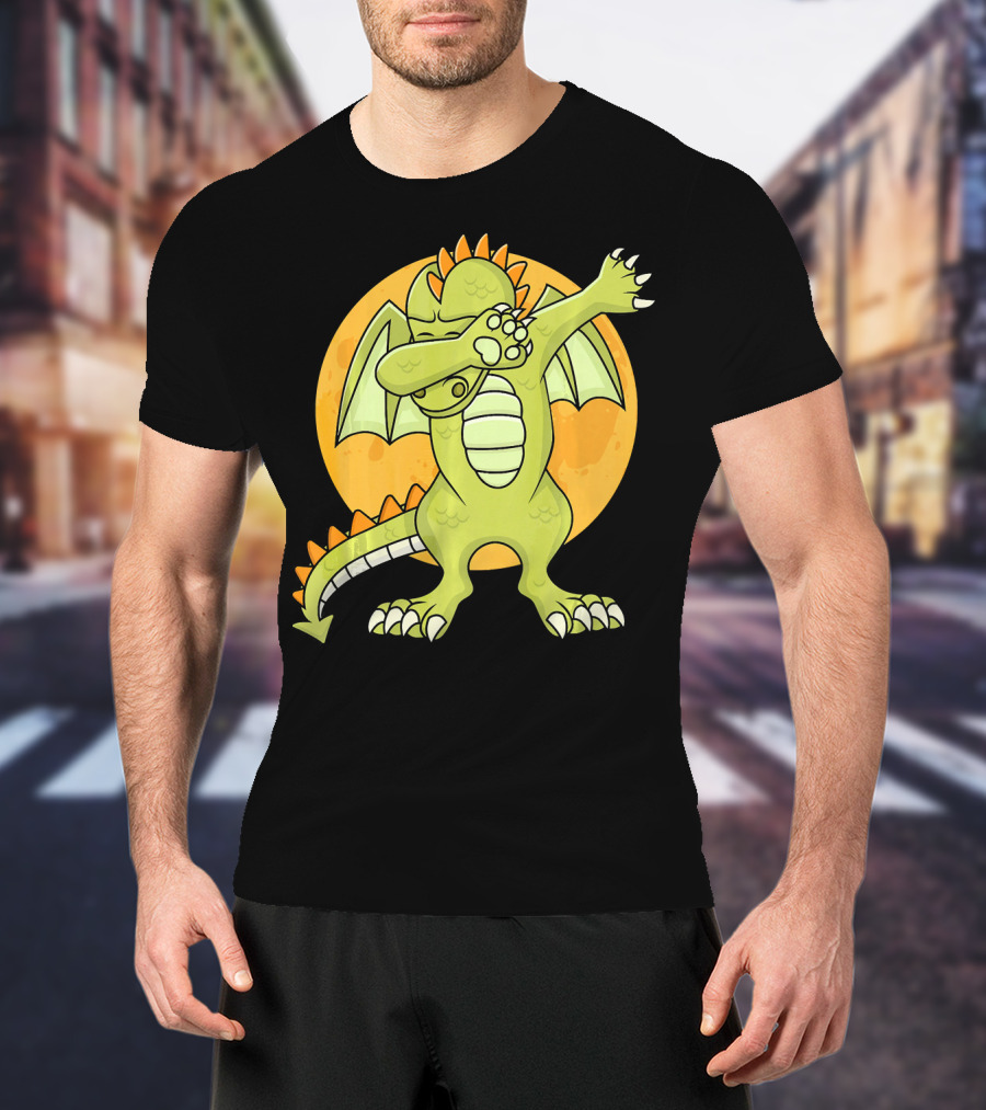 Halloween Dabbing Dragon With Orange Moon Background T-Shirt