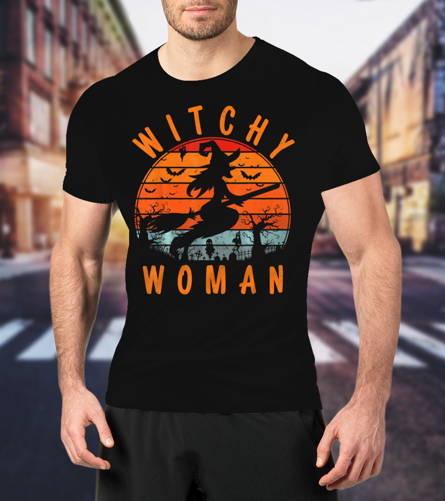 Witchy Woman Flying On Broomstick With Spooky Halloween Sunset Background T-Shirt