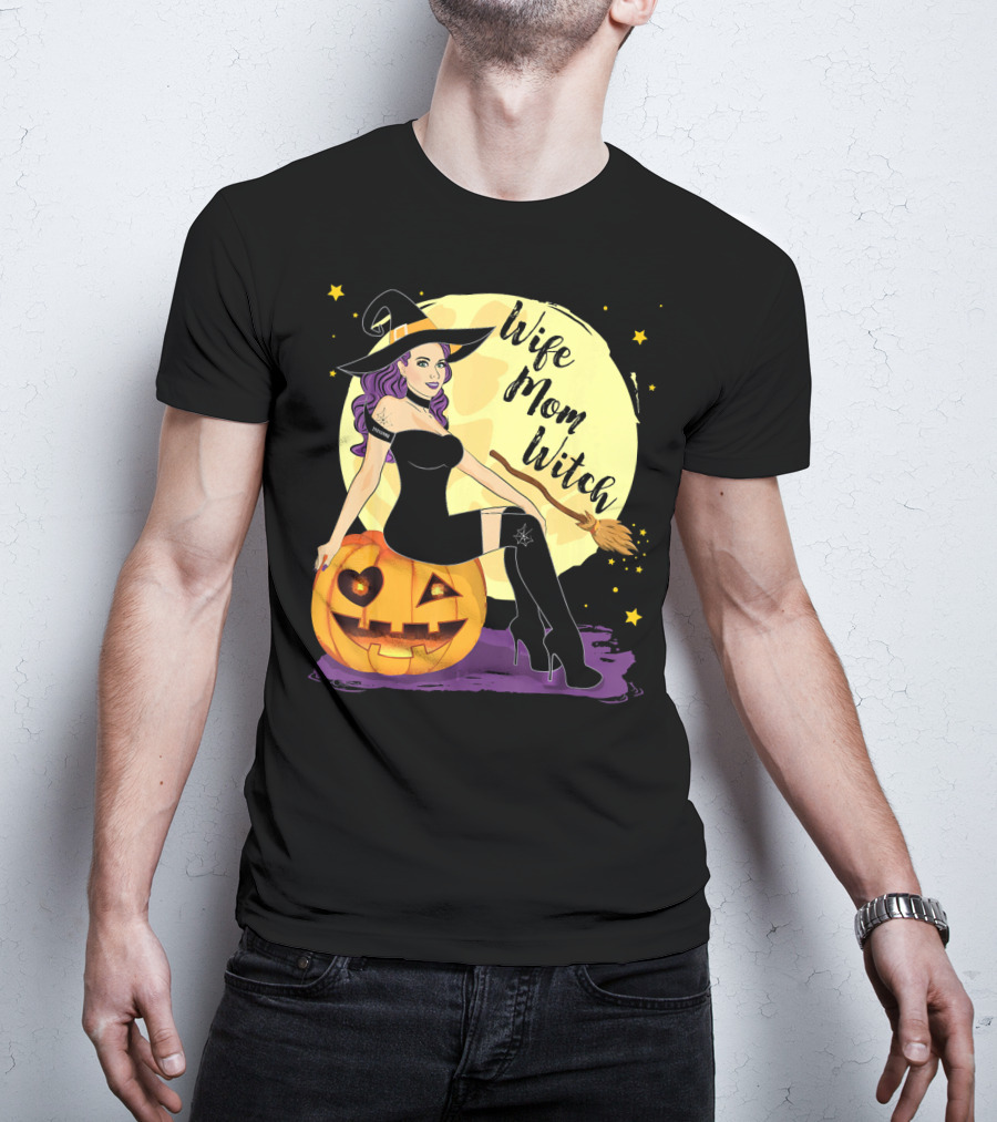 Wife Mom Witch Halloween Women Bro Pumpkin Moon Broomstick T-Shirt