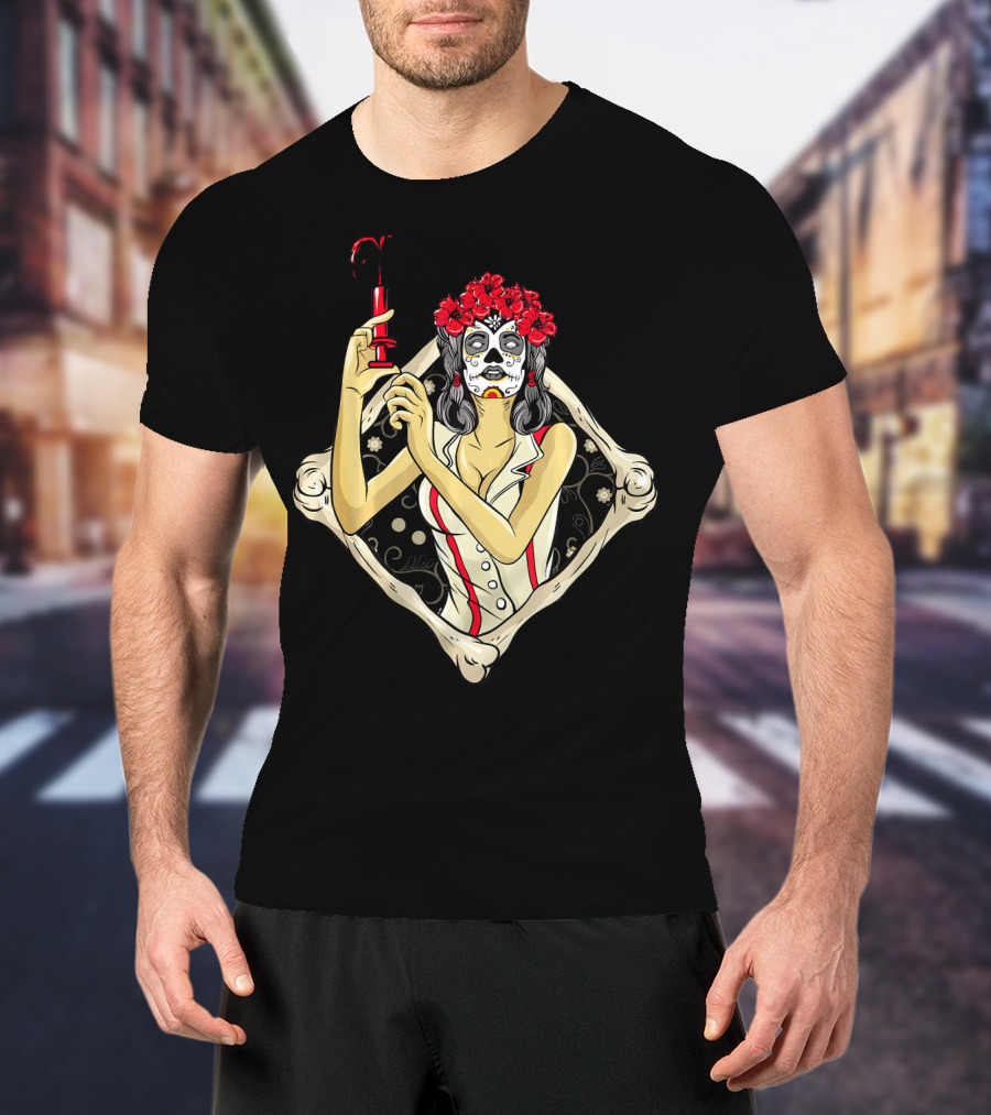 Halloween Nurse Day Of The Dead Dia De Los Muertos Skeleton Syringe Flower Crown T-Shirt