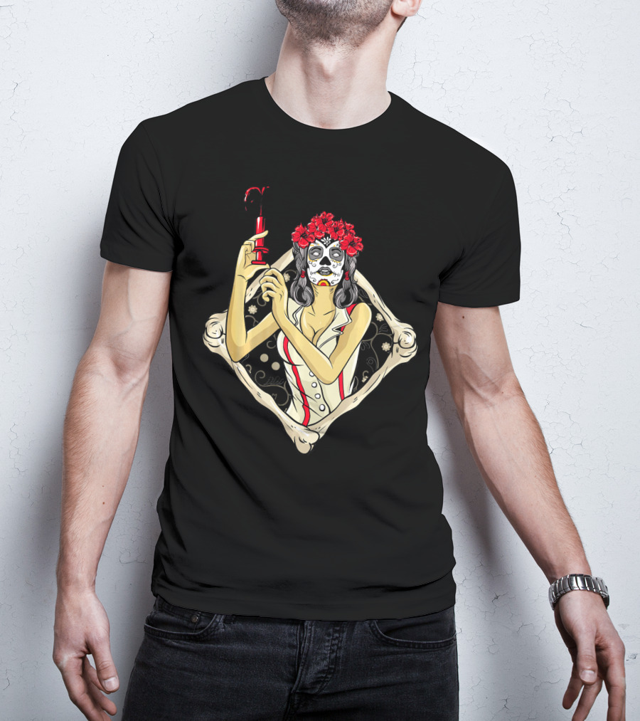 Halloween Nurse Day Of The Dead Dia De Los Muertos Skeleton Syringe Flower Crown T-Shirt