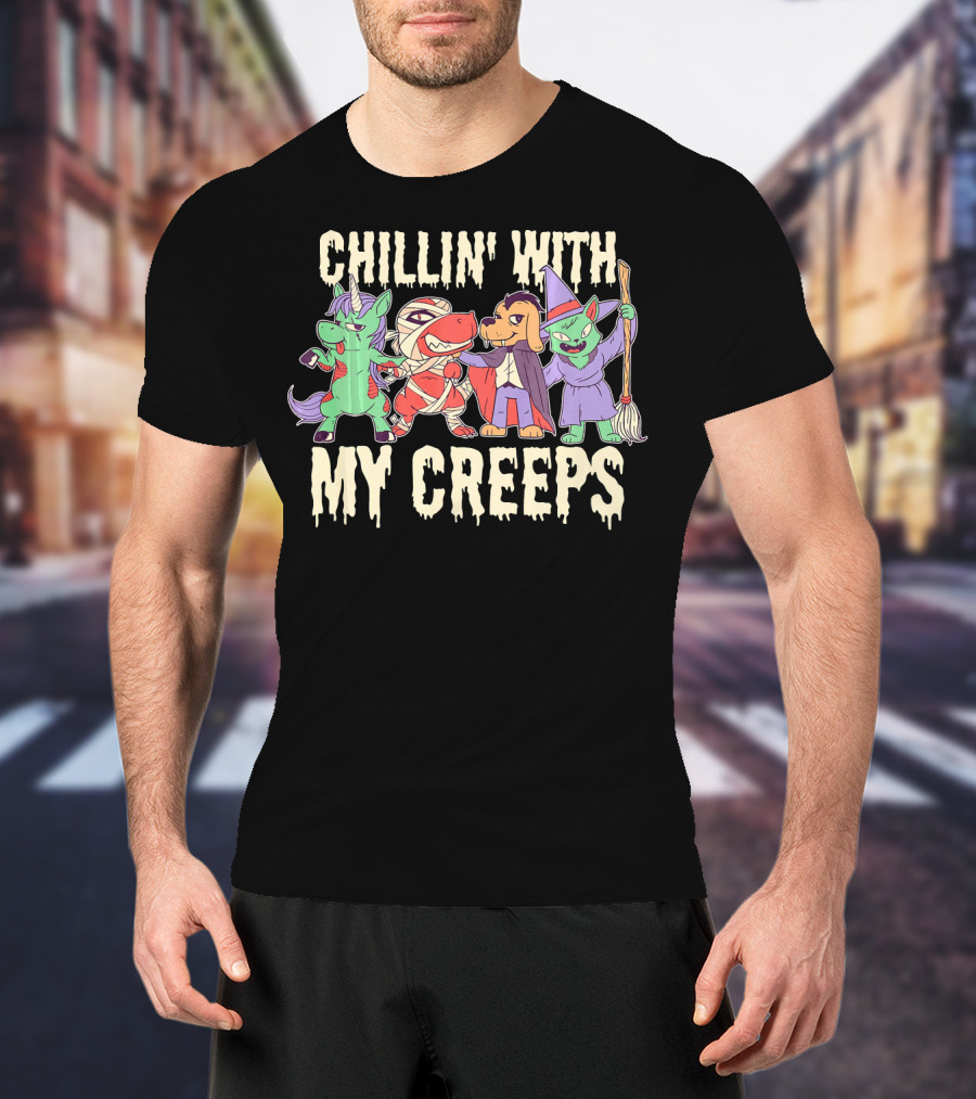 CHILLIN' WITH MY CREEPS Funny Animals Halloween T-Shirt