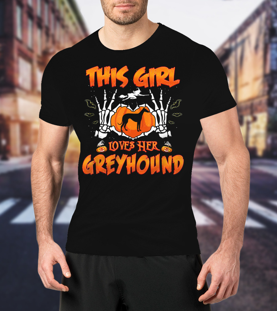 This Girl Loves Her Greyhound Skeleton Halloween Pumpkin T-Shirt