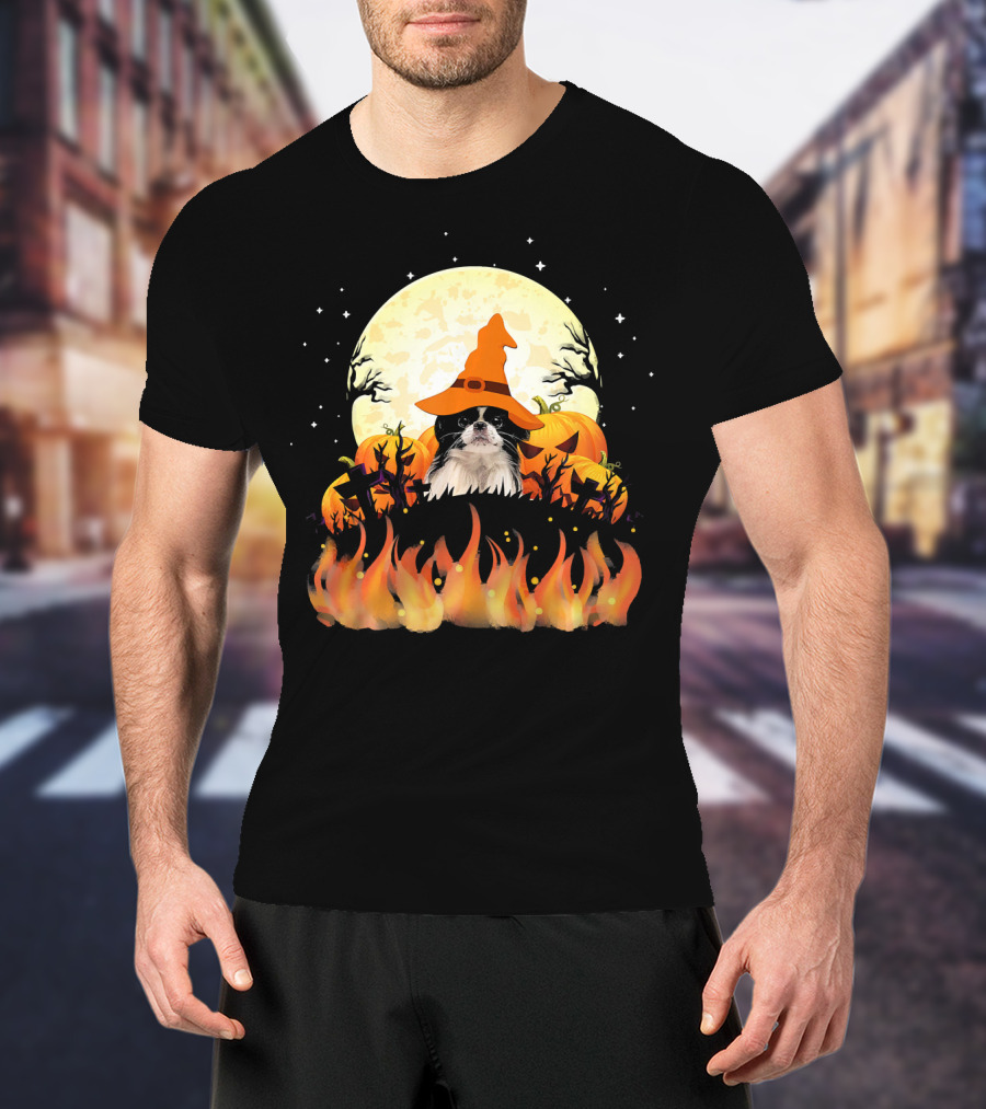 Japanese Chin Dog Lovers Halloween Pumpkin Witch Hat Full Moon Fire Magic T-Shirt