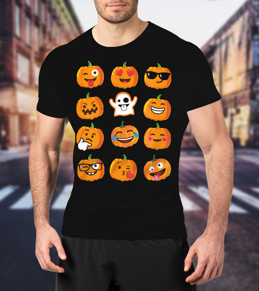 Emoji Faces Pumpkins And Ghost Halloween T-Shirt