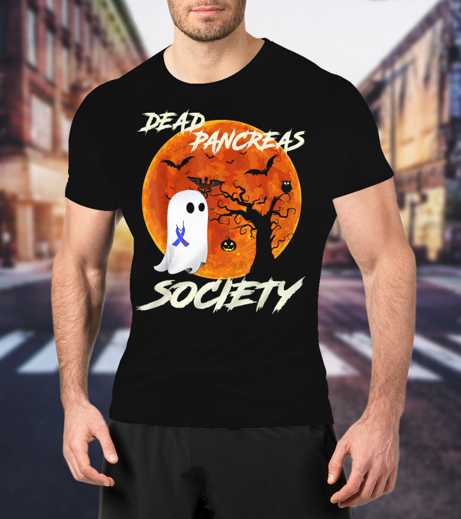 Dead Pancreas Society Ghost Halloween Moon Bats Pumpkin T-Shirt