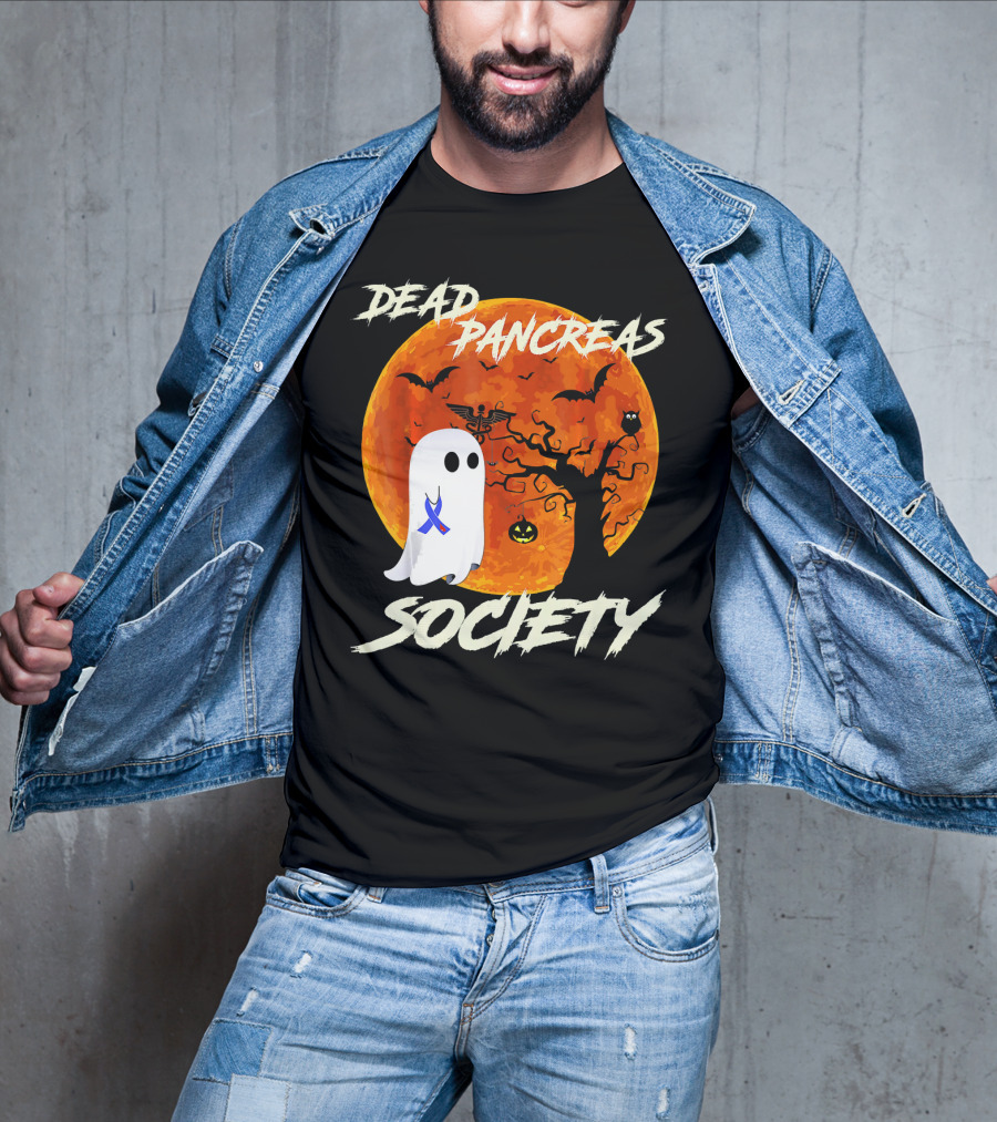 Dead Pancreas Society Ghost Halloween Moon Bats Pumpkin T-Shirt