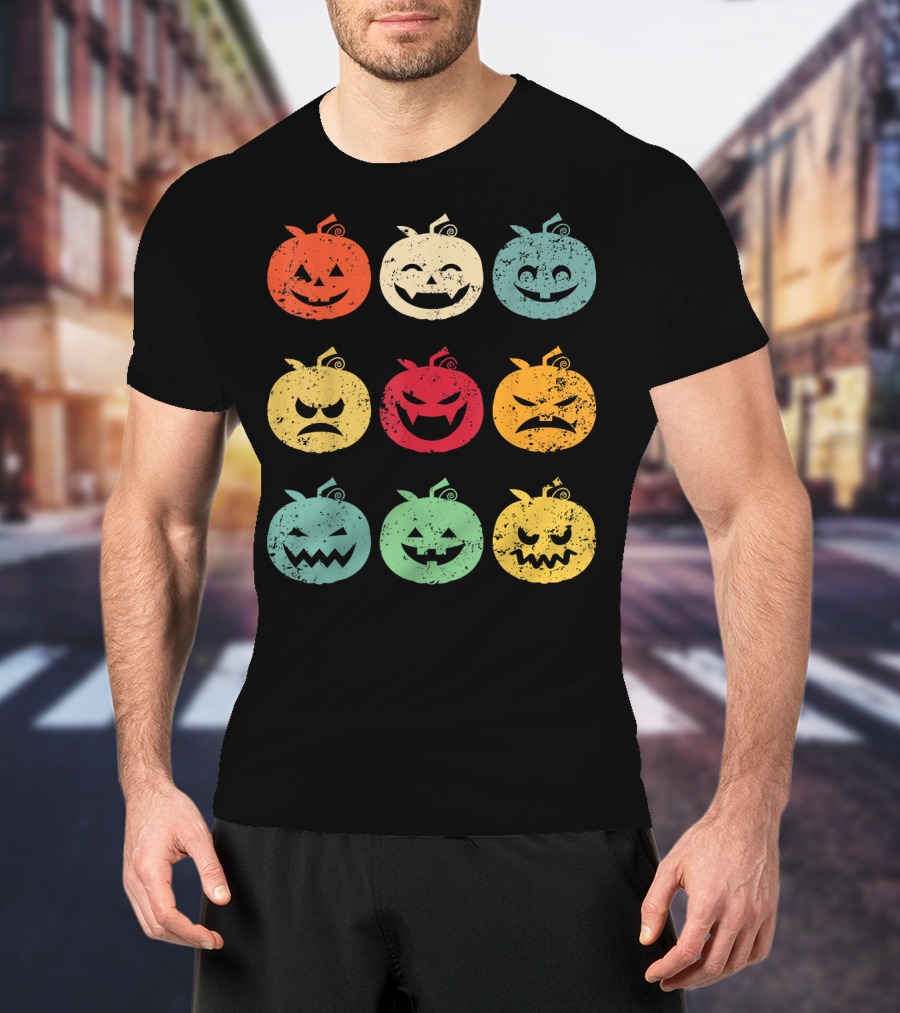 Vintage Pumpkin Emoji Halloween Faces In Nine Colorful Expressions T-Shirt