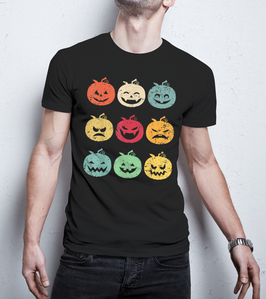 Vintage Pumpkin Emoji Halloween Faces In Nine Colorful Expressions T-Shirt