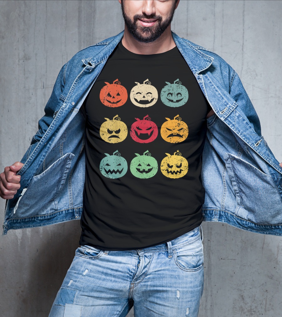 Vintage Pumpkin Emoji Halloween Faces In Nine Colorful Expressions T-Shirt