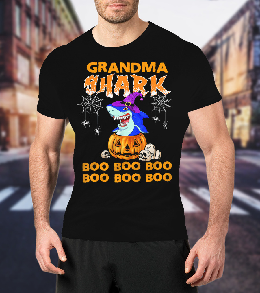 Grandma Shark Halloween Boo Boo Pumpkin Spider Webs T-Shirt